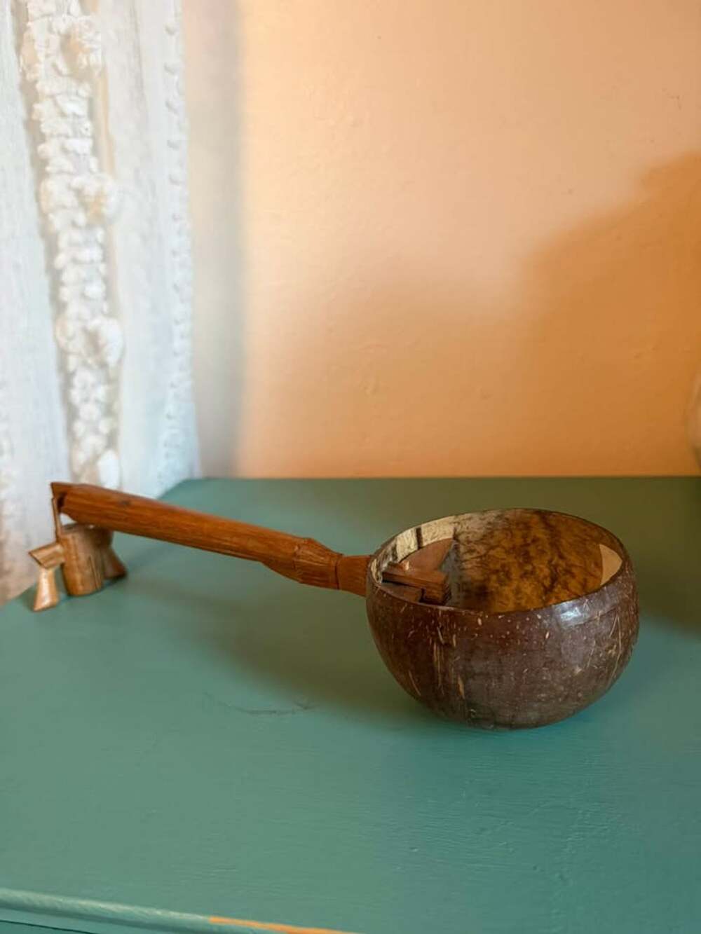 Vintage Thai Coconut Shell Water Dipper with Cowbell